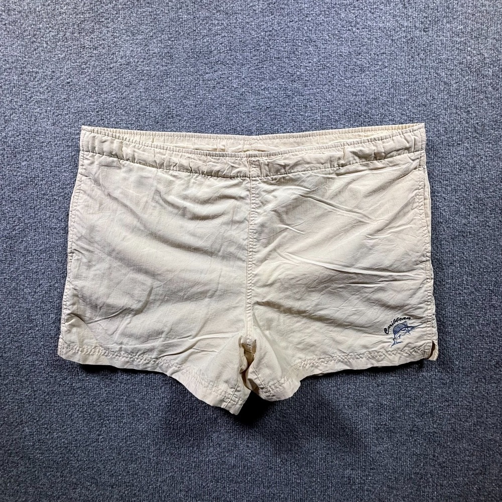 Caribbean Swimwear Board Shorts Mens Medium Beige Embroidered Fish Swim Trunks